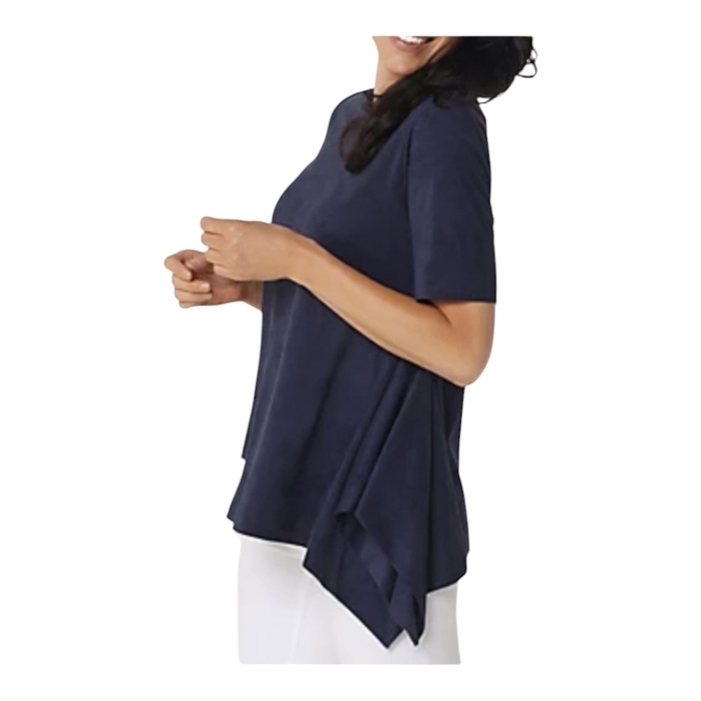 Laurie Felt XL Faux Suede Top Navy Asymmetric Hem Flowy